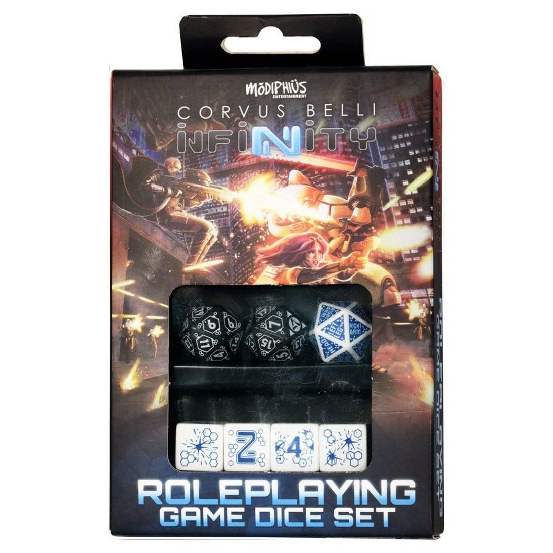 Infinity RPG Dice Set box with cyberpunk battle art, showing black, blue, and white polyhedral and cube dice