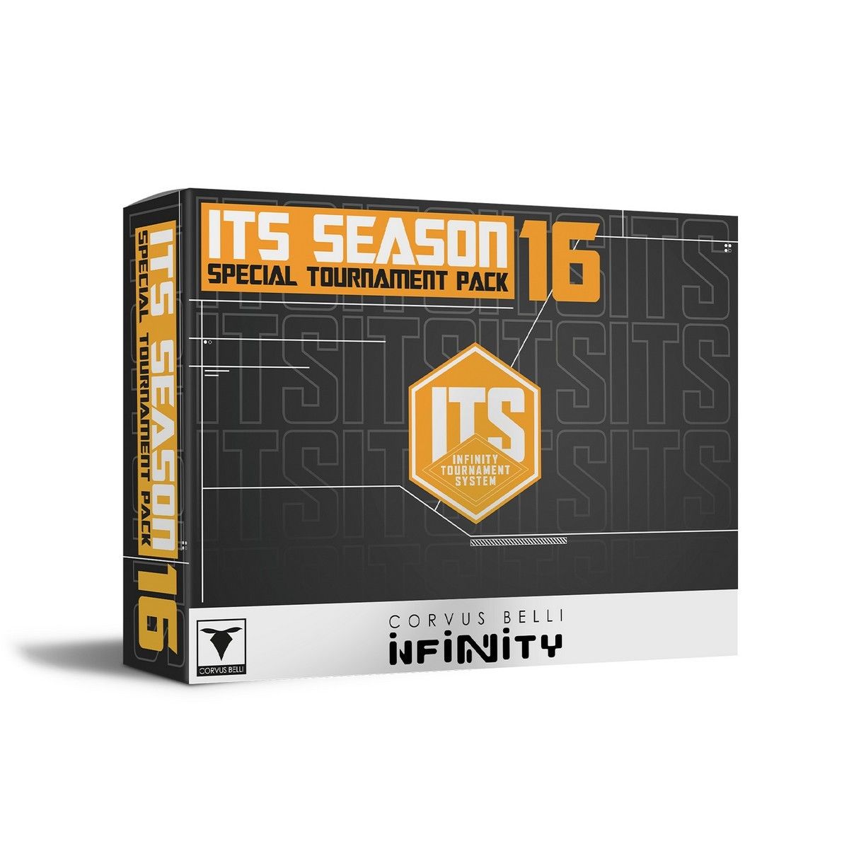 A dark gray box for the Corvus Belli Infinity ITS Season 16 Special Tournament Pack, with orange and white text.