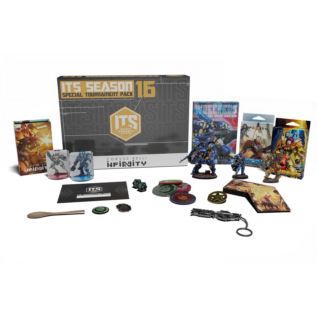 ITS Season 16 tournament pack for Infinity, featuring box, miniatures, tokens, dice, cards, and accessories.