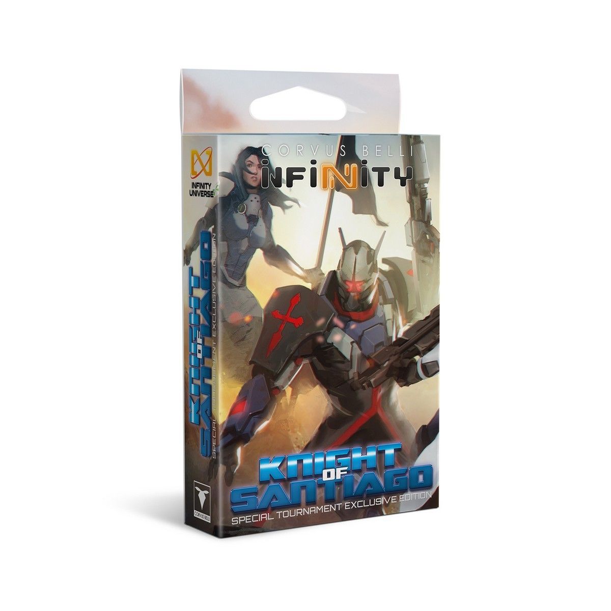 Infinity Knight of Santiago exclusive game box. Features a futuristic armored soldier with a weapon and a female figure.