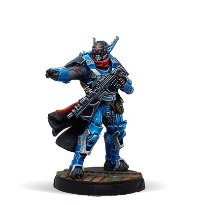 Blue and black armored futuristic soldier miniature, holding a rifle, pointing left.