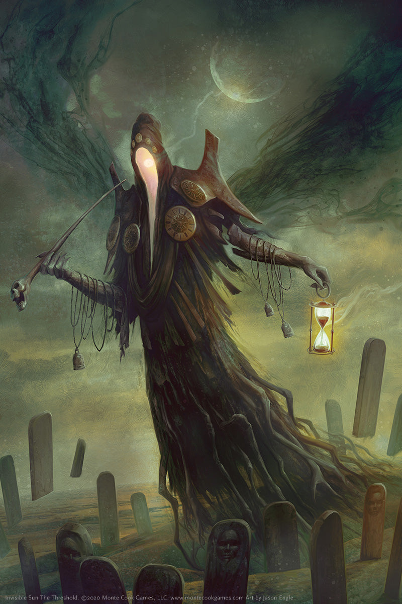 A hooded figure with a glowing beak-like mask and root-like body holds a skull staff and hourglass in a graveyard
