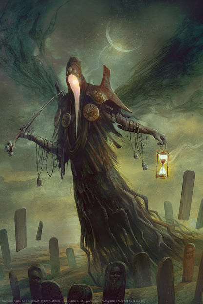 A hooded figure with a glowing beak-like mask and root-like body holds a skull staff and hourglass in a graveyard