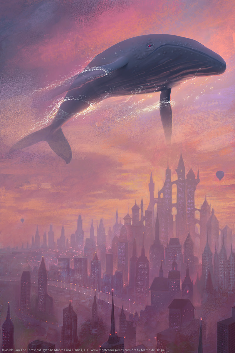 A whale with glowing trails glides through a surreal pink sky, sparkling above a vast, illuminated city