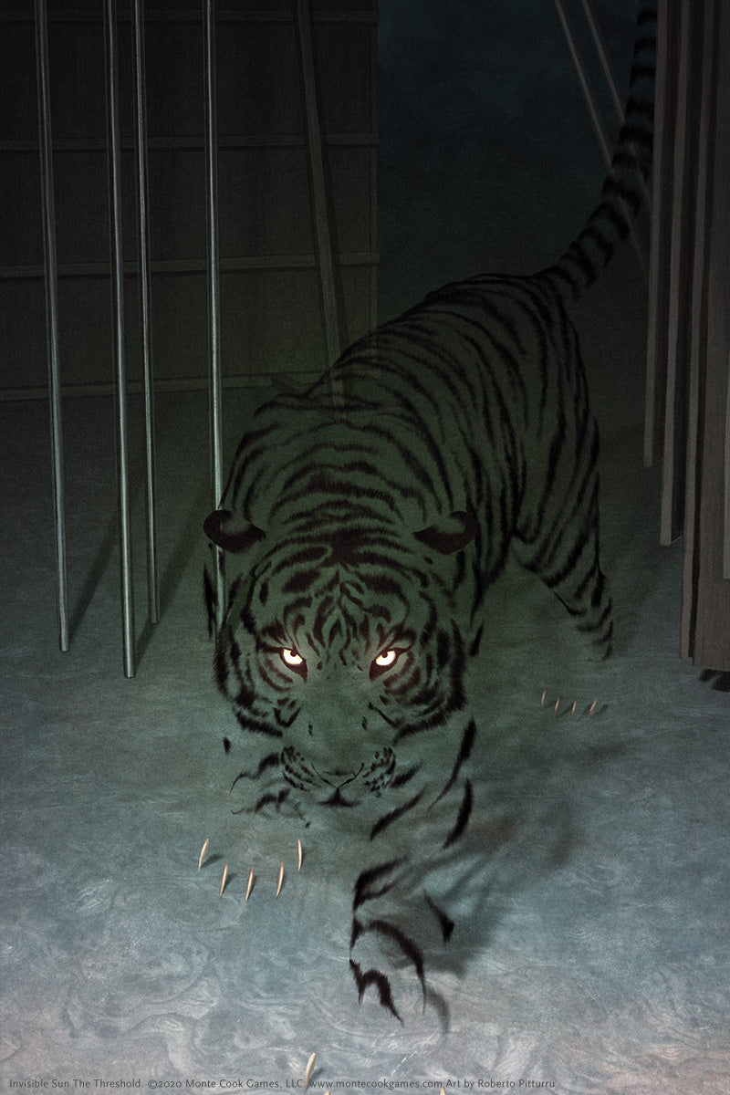 A pale, striped tiger with glowing orange eyes lunges from a dark cage, its claws extended