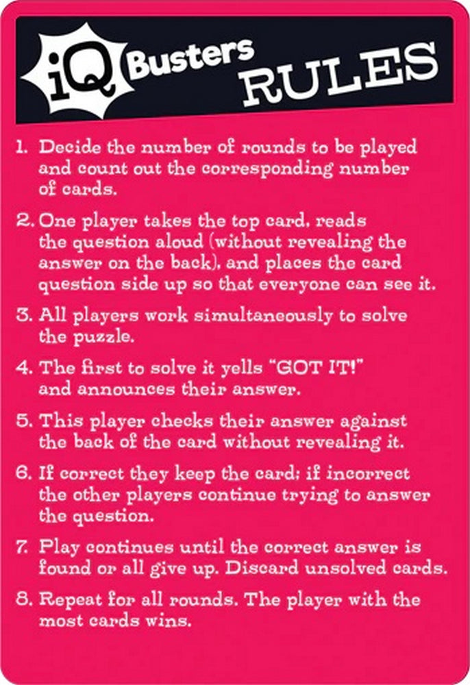 Pink 'iQ Busters' game rules card with 8 steps in white text