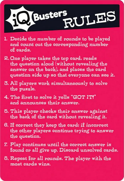 Pink 'iQ Busters' game rules card with 8 steps in white text