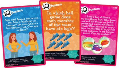 Three colorful IQ Busters riddle cards featuring questions about twins, shoes, and marbles