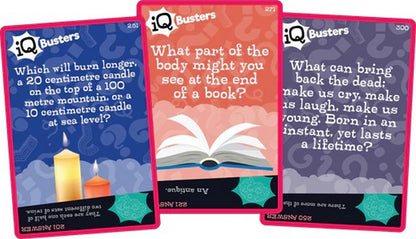 Three "iQ Busters" trivia cards with riddles; one about candles, another about an open book, and a third riddle