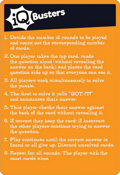 Orange 'iQ Busters' game card displaying 8 numbered rules in white text