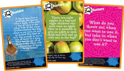 Three colorful iQ Busters riddle cards, featuring a duck, apples, and a maze pattern