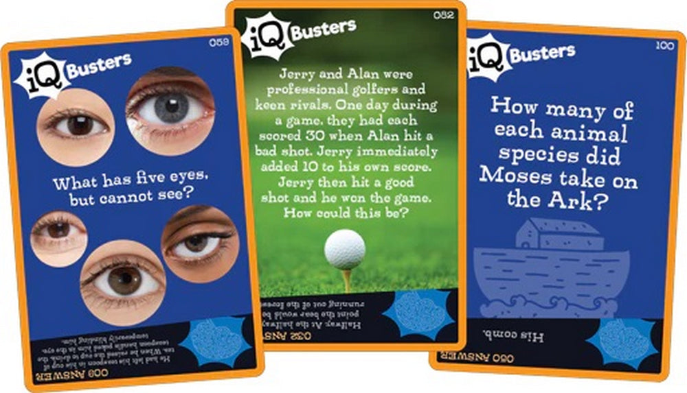 Three "iQ Busters" game cards fanned out, showing riddles: 'What has five eyes?' and 'How many animals did Moses take?'
