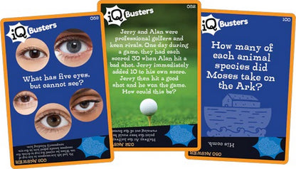 Three "iQ Busters" game cards fanned out, showing riddles: 'What has five eyes?' and 'How many animals did Moses take?'