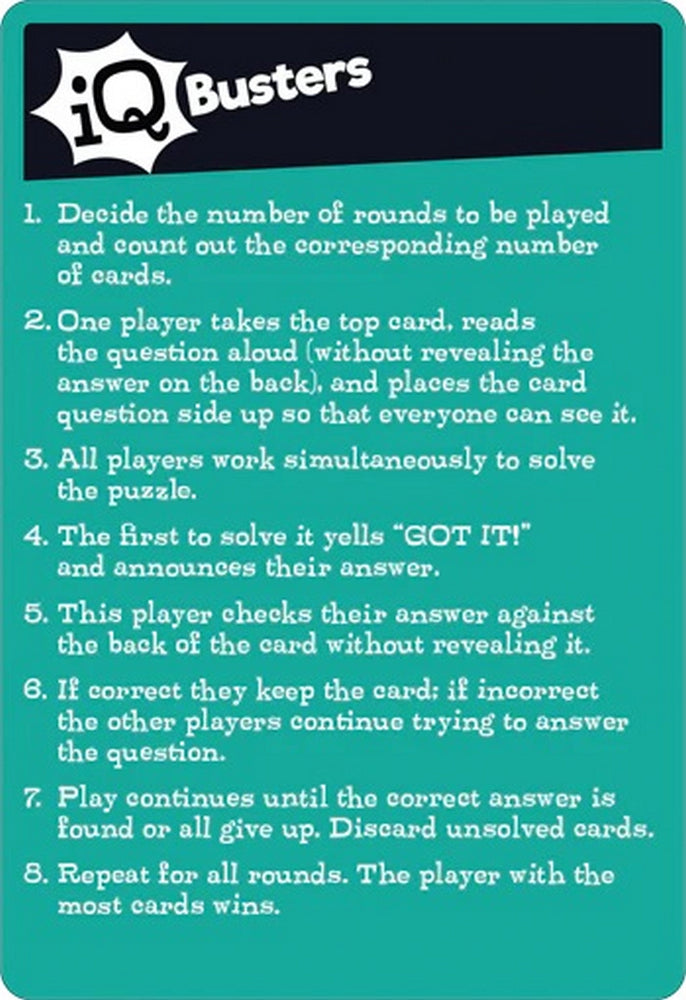 A teal game card titled "iQ Busters" listing 8 rules for playing the game