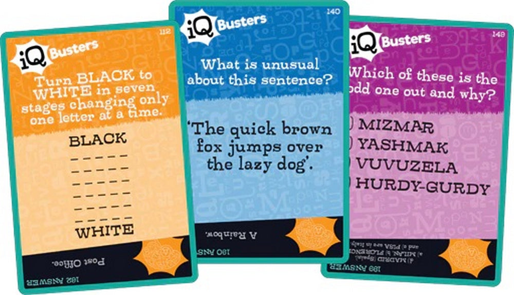  Three colorful IQ Busters game cards: a word ladder, a pangram, and an odd-one-out puzzle
