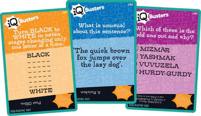  Three colorful IQ Busters game cards: a word ladder, a pangram, and an odd-one-out puzzle
