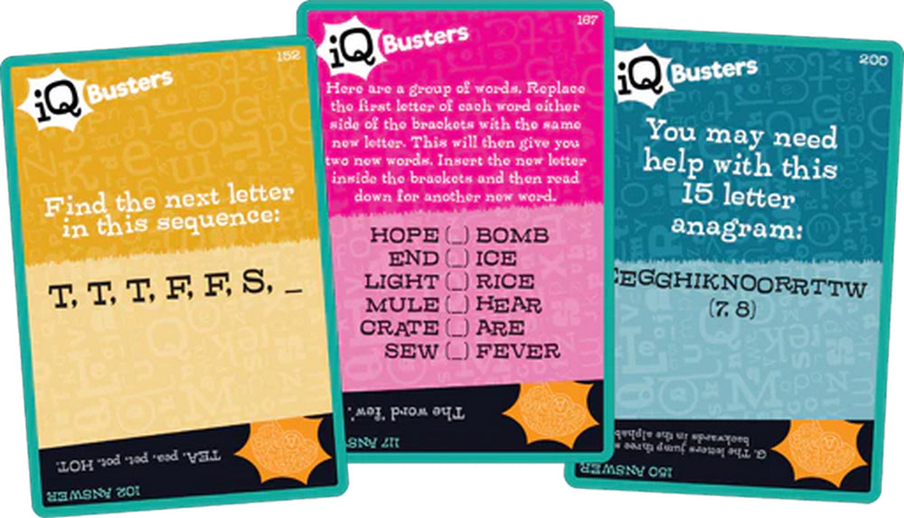 Three iQ Busters puzzle cards, fanned out, displaying letter sequence, word game, and anagram challenges