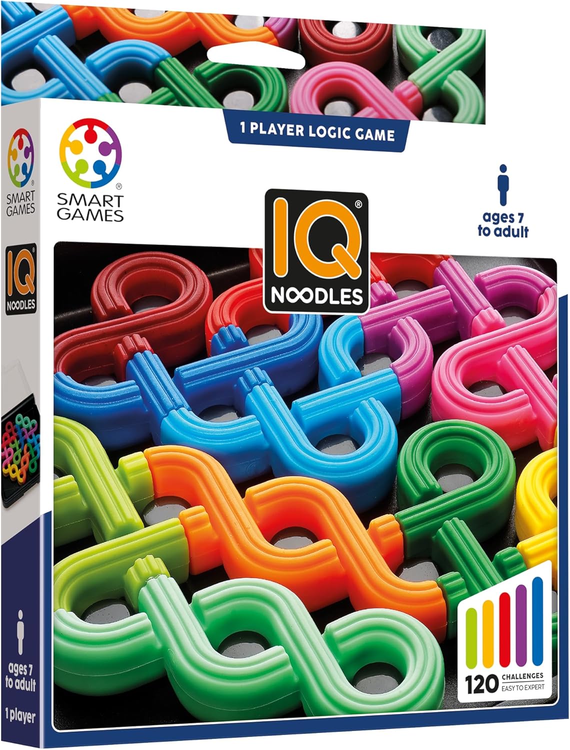 IQ Noodles game box displaying colorful, noodle-like interlocking puzzle pieces