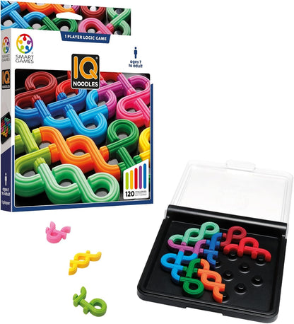 Colorful IQ Noodles logic game set: the box, a black play board with a clear lid, and interlocking noodle pieces