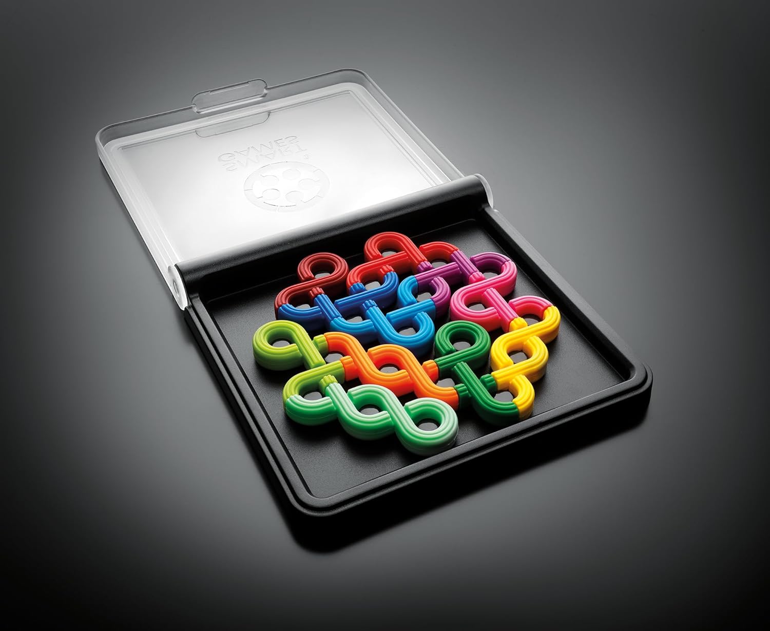 Colorful, curvy logic puzzle pieces are arranged in a grid inside an open black plastic case