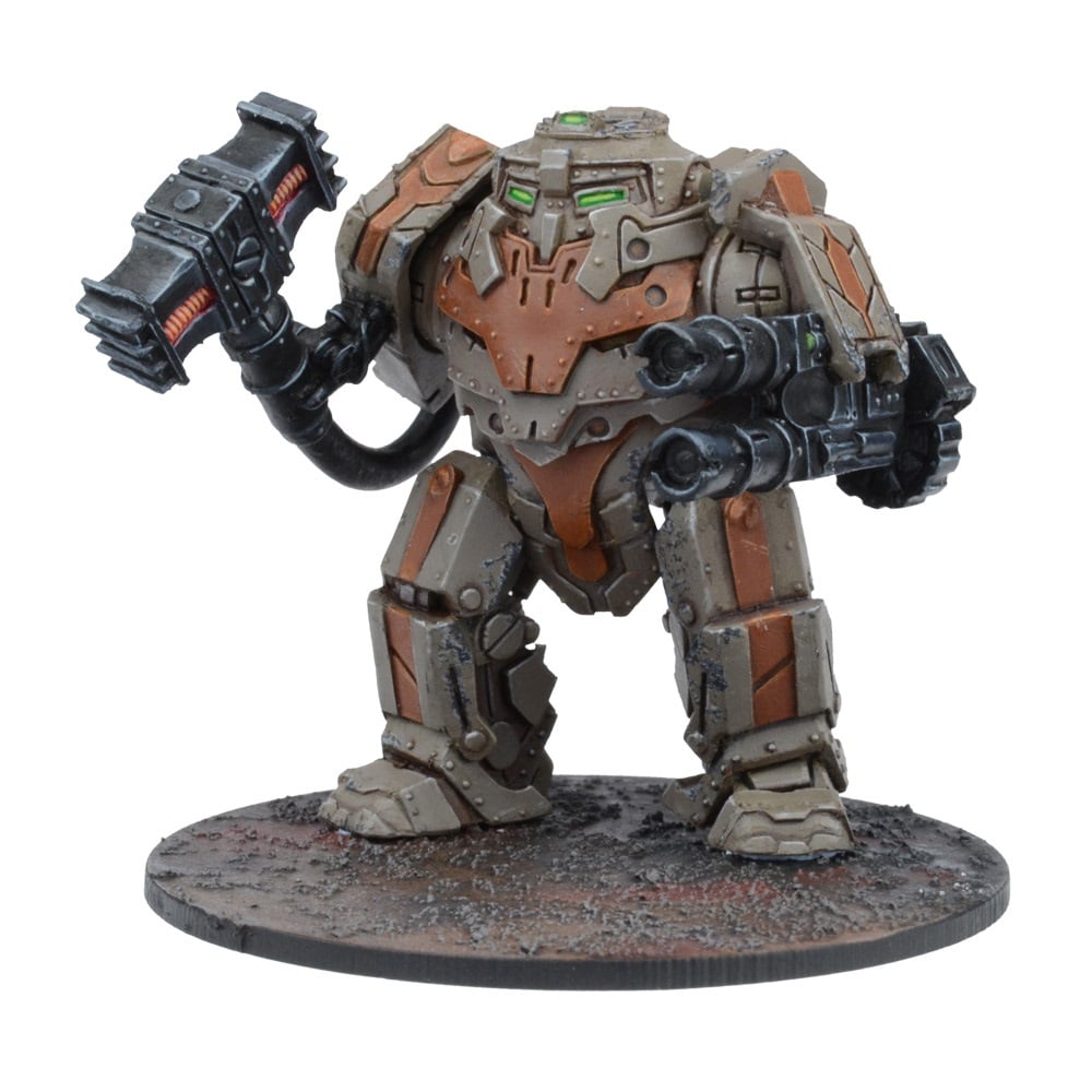 A detailed miniature of a grey and brown battle robot with a large hammer and multi-barrel gun.