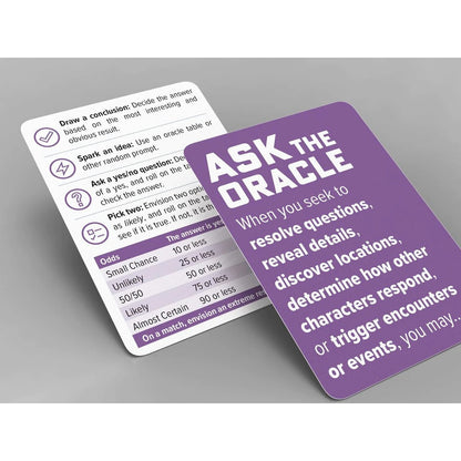Pair of oracle cards: a purple "Ask the Oracle" card and a white card with decision-making rules and odds