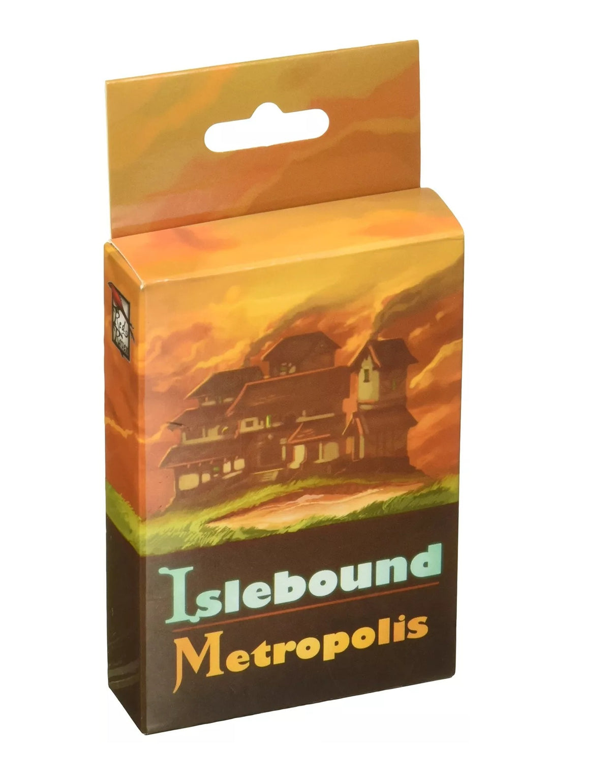 Islebound Metropolis board game box featuring buildings at sunset and a hang tab.