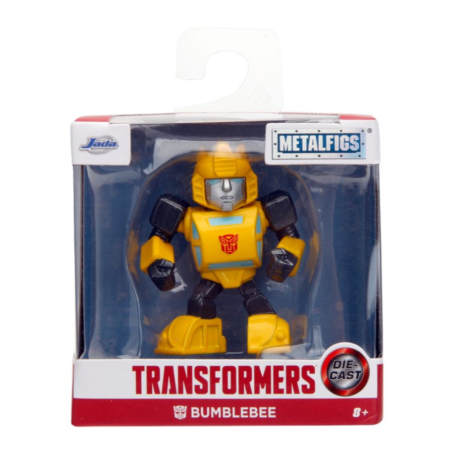 Jada Toys Metalfigs Die-Cast Bumblebee figure in Transformers packaging, yellow collectible robot toy