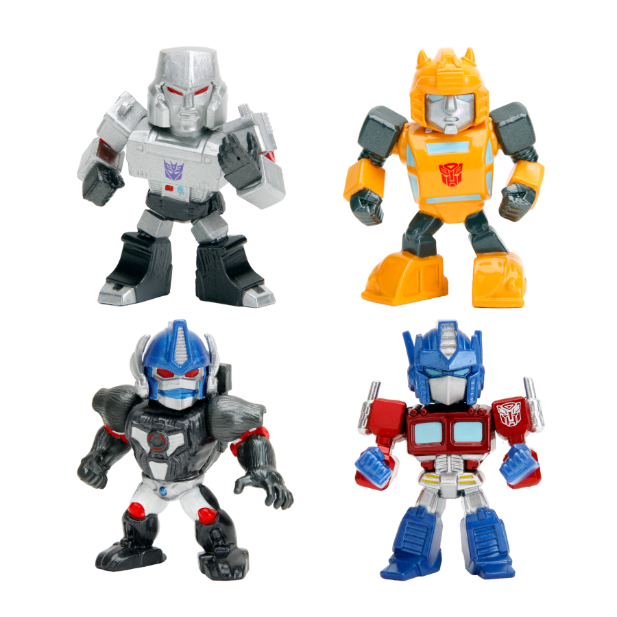 Four collectible vinyl Transformers mini figures: Optimus Prime, Megatron, Bumblebee, and Optimus Primal