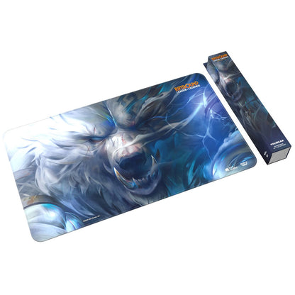 League of Legends Volibear playmat featuring a snarling white bear with blue lightning, beside its product box