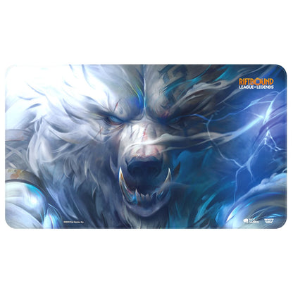 Ferocious white Volibear snarling with blue lightning on a League of Legends mousepad