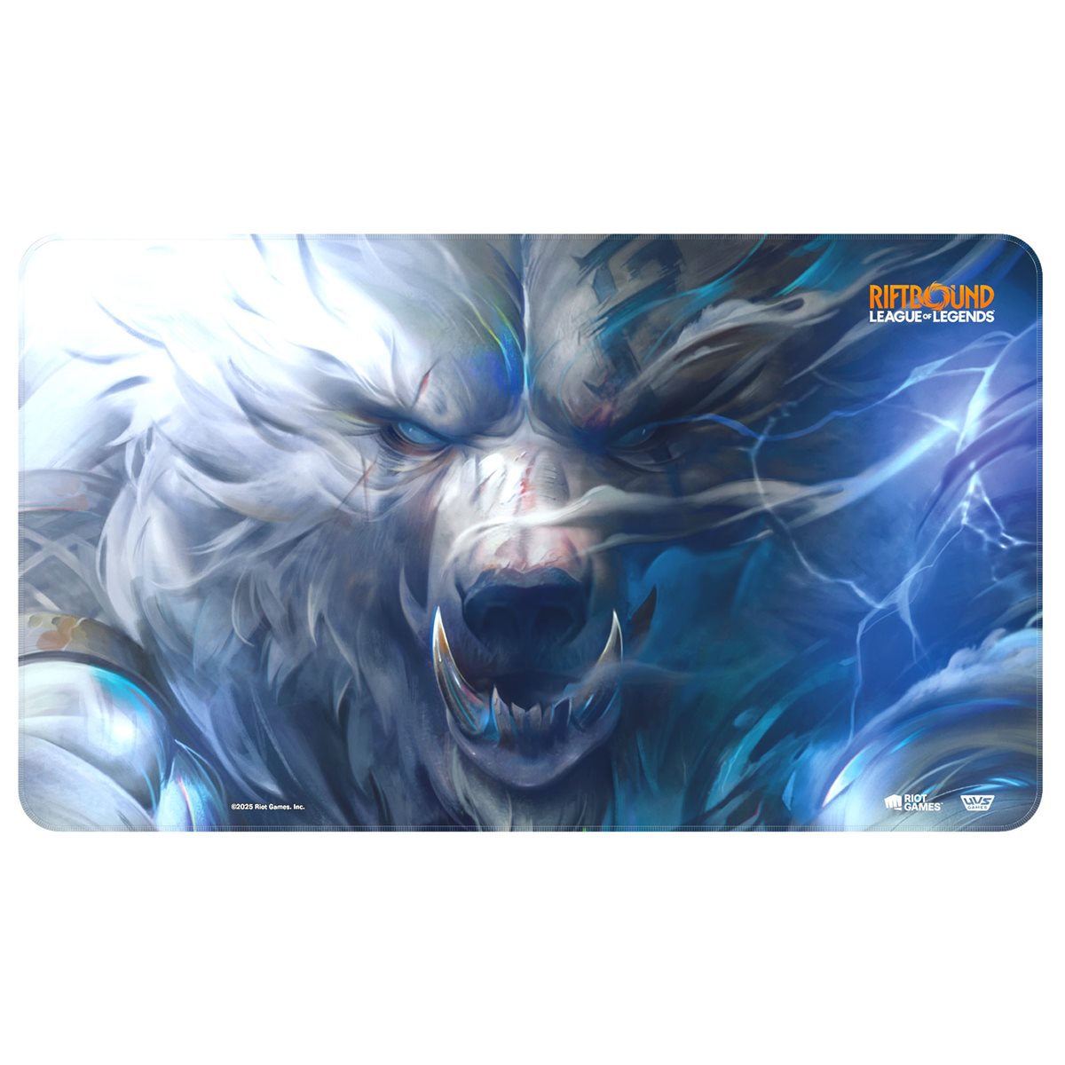 Ferocious white Volibear snarling with blue lightning on a League of Legends mousepad