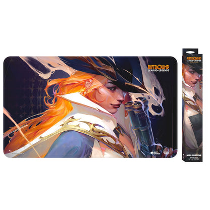 Miss Fortune from League of Legends with orange hair, a hat, and gun on a playmat, with product box