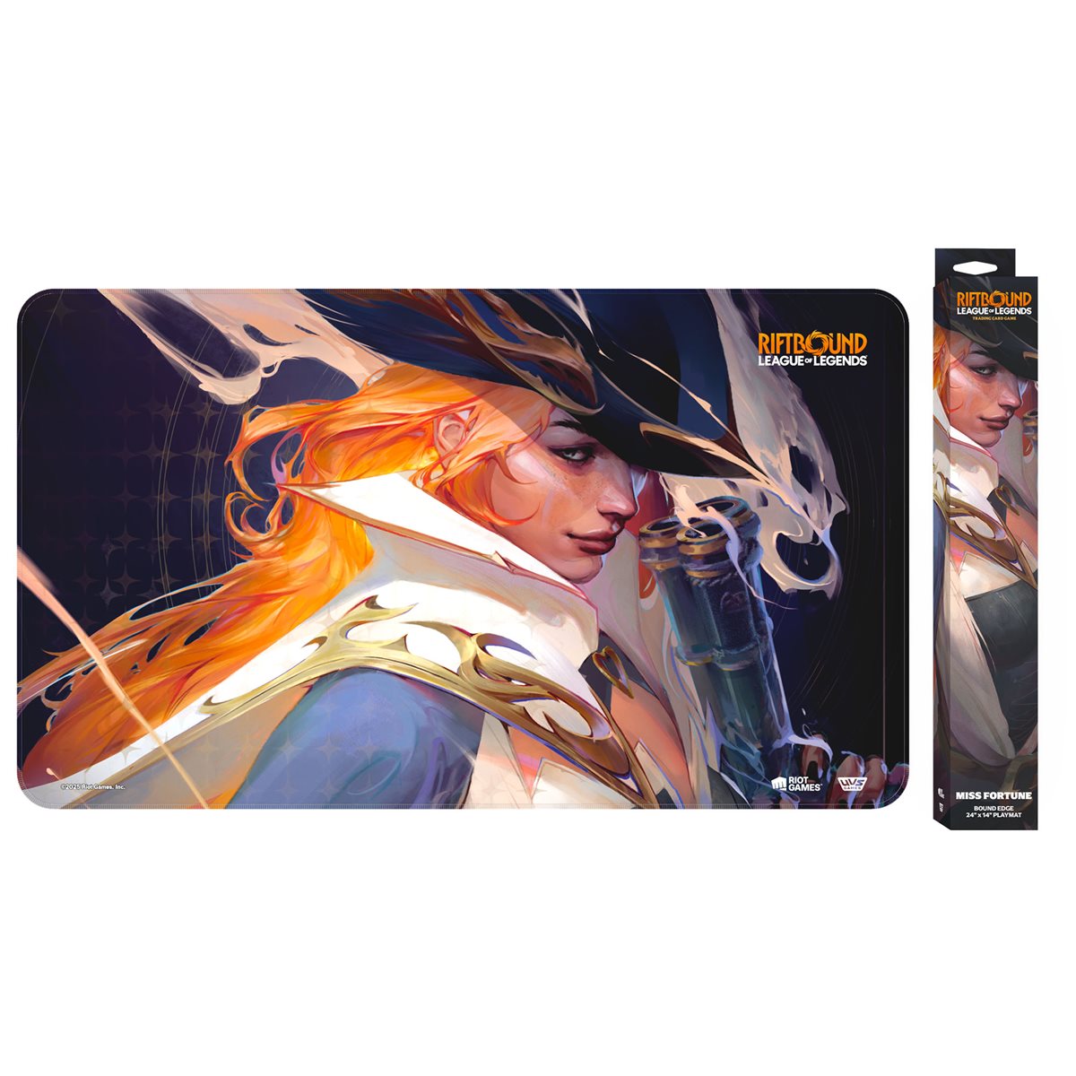 Miss Fortune from League of Legends with orange hair, a hat, and gun on a playmat, with product box