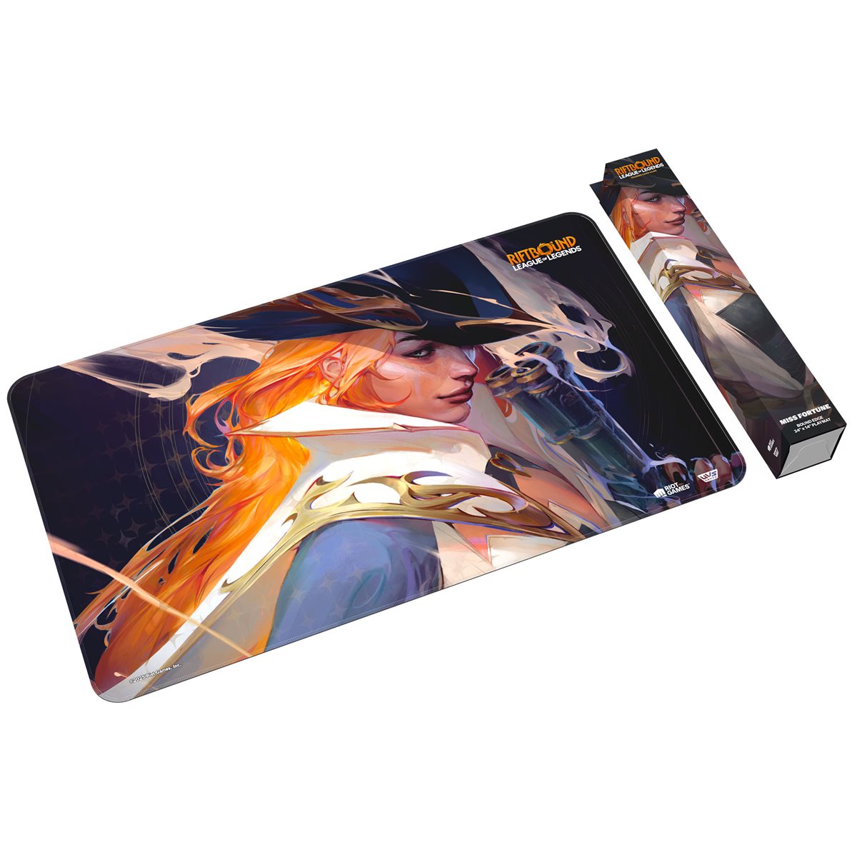 League of Legends Miss Fortune playmat: character with orange hair, hat, and gun, next to product box