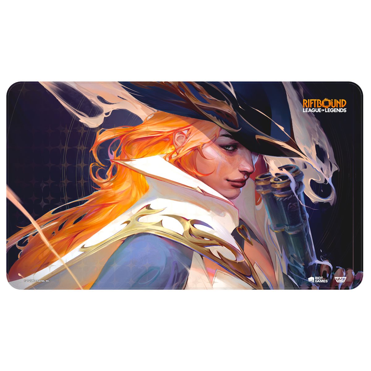 A woman with flowing orange hair, large hat, and ornate coat holding two pistols, from League of Legends Riftbound