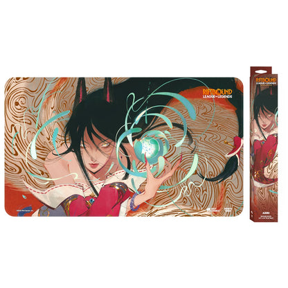 League of Legends Ahri playmat. Fox-eared woman with glowing eyes holds a glowing orb, amidst swirling patterns