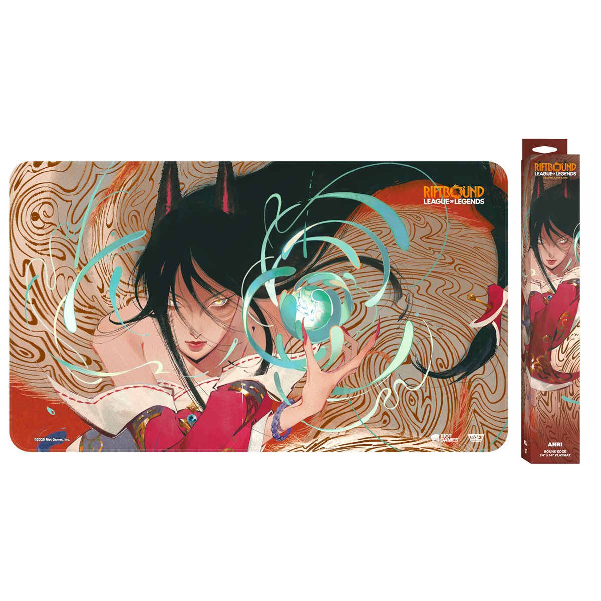 League of Legends Ahri playmat. Fox-eared woman with glowing eyes holds a glowing orb, amidst swirling patterns