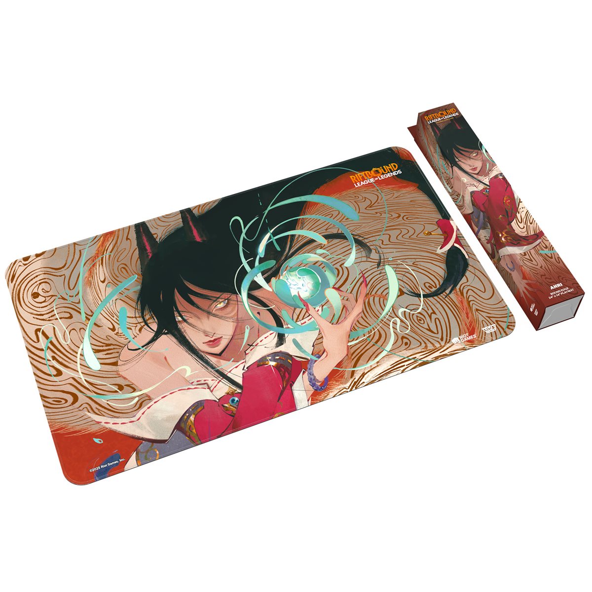 Ahri from League of Legends playmat, featuring the fox-eared woman casting a glowing blue energy orb
