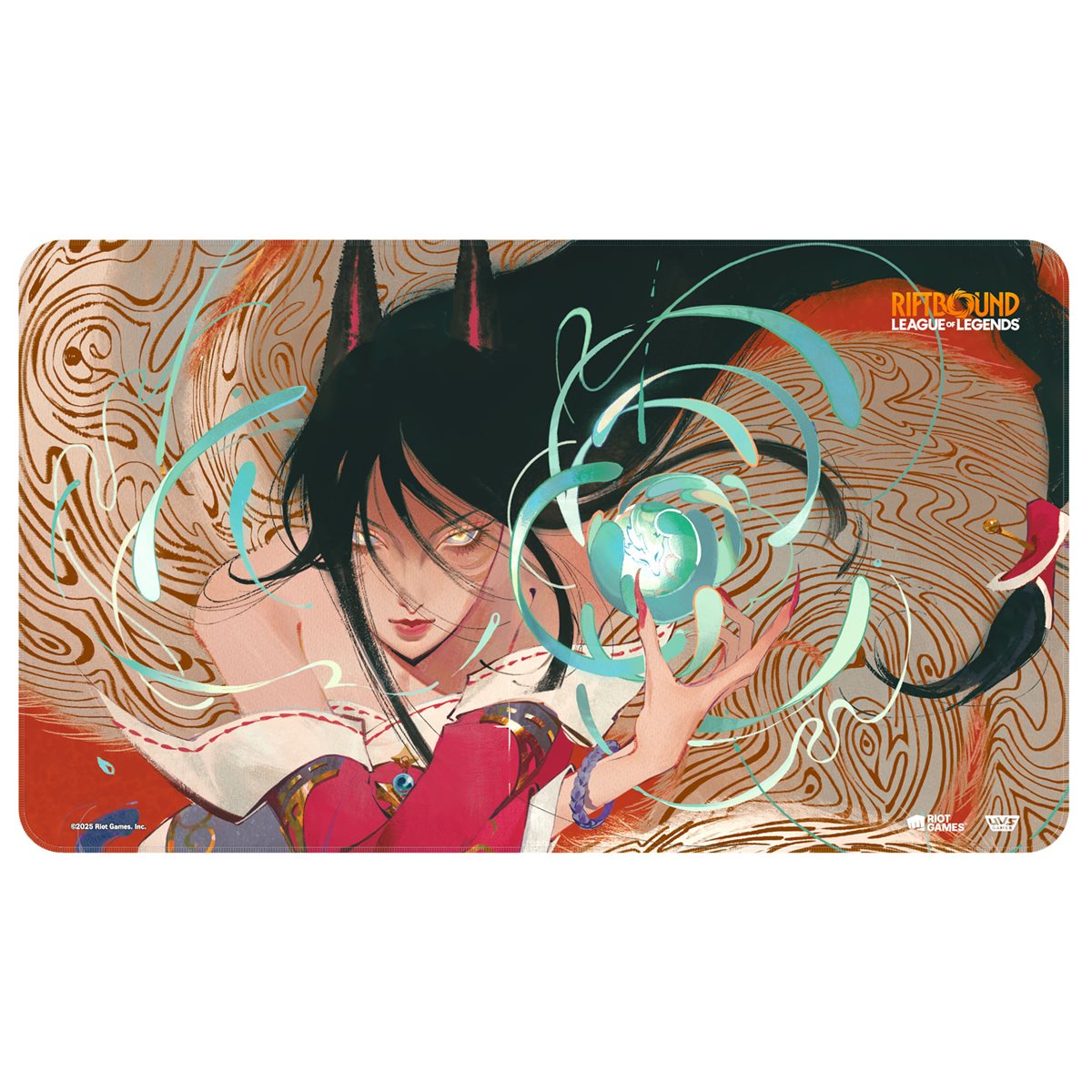 League of Legends' Ahri, a fox-eared woman, holds a glowing blue orb with swirling magic on a Riftbound playmat