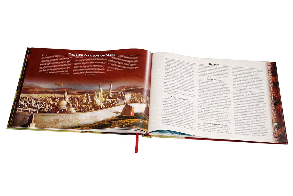 Open book: futuristic walled Martian city illustration & "The Red Nations of Mars" text