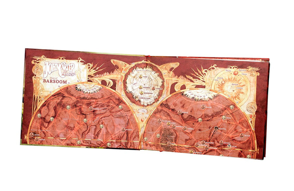 An open book displays an intricate, reddish map titled 'John Carter of Mars: Map of Barsoom' with Martian cities