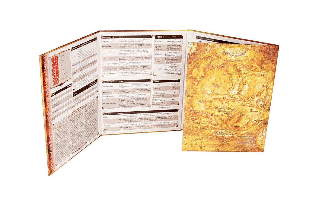 An open, tri-fold game master's screen displays game rules and tables on its left panels, and an antique world map on the right