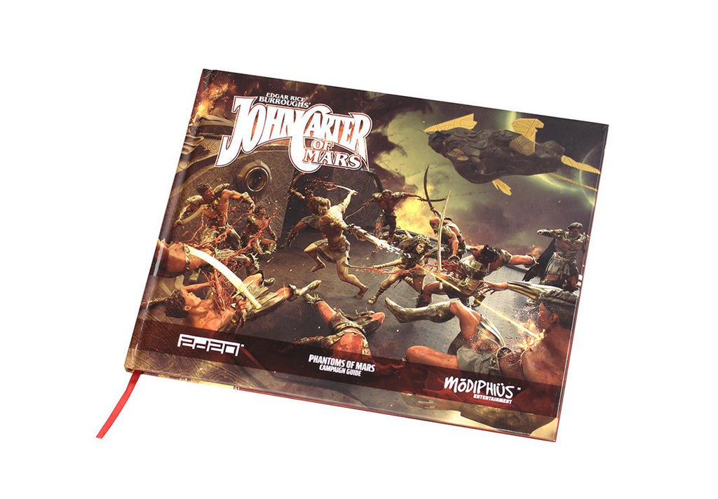 John Carter of Mars: Phantoms of Mars campaign guide cover showing a chaotic battle with warriors, energy blasts, and a flying ship