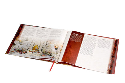 Open hardcover fantasy game rulebook displaying an illustration of miniature figures and a page titled 'Momentum'