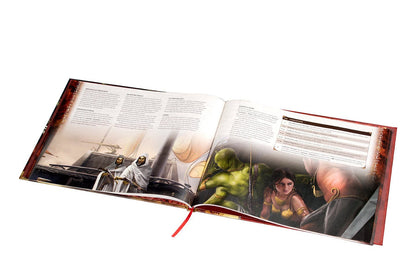 Open fantasy RPG rulebook with text and two illustrations: robed figures on a ship, and diverse fantasy characters