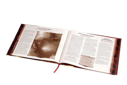 An open tabletop RPG rulebook displays a brown contoured map of "Korvus" and game text; a red bookmark emerges.