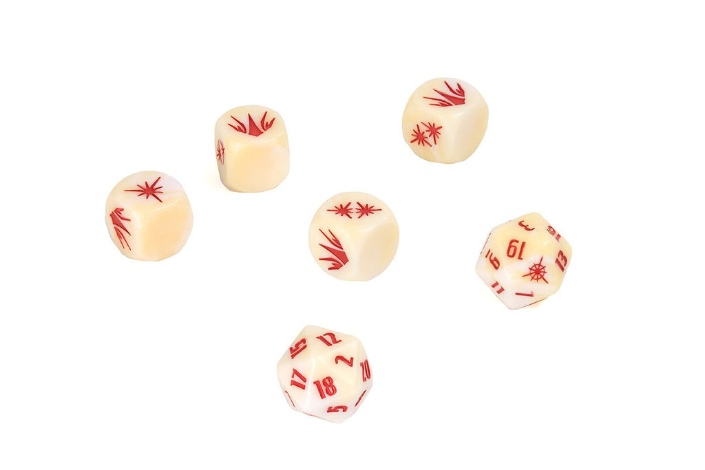 Six cream-coloured Helium dice with red markings, including four D6s with starbursts and two numbered D20s, scattered on white