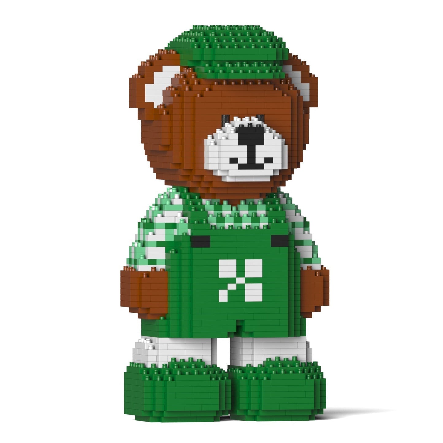 LEGO-style brown bear block toy wearing a green hat, green checkered shirt, and green overalls with a white X