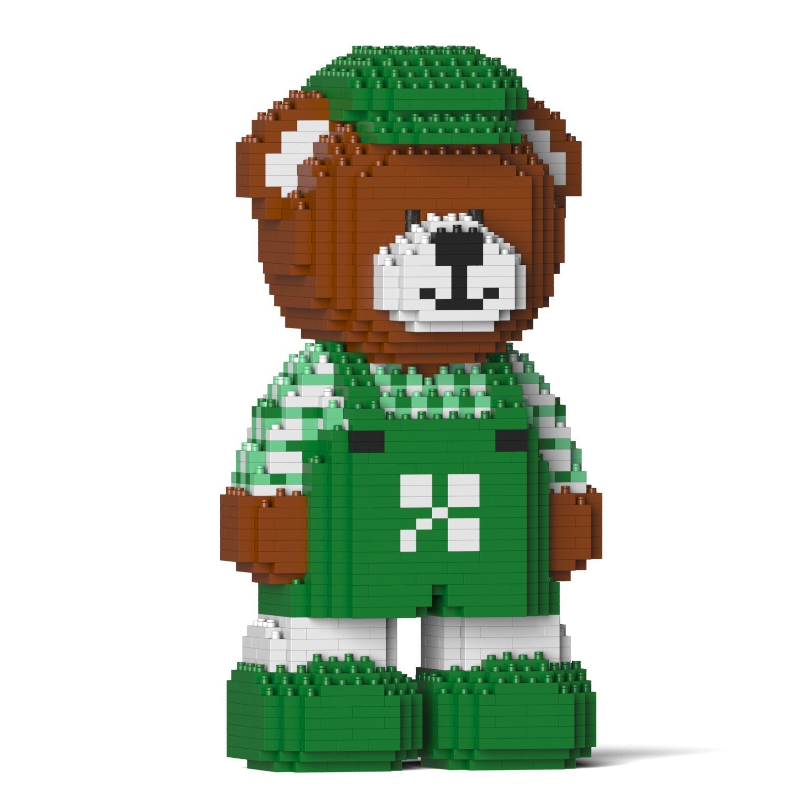 LEGO-style brown bear block toy wearing a green hat, green checkered shirt, and green overalls with a white X